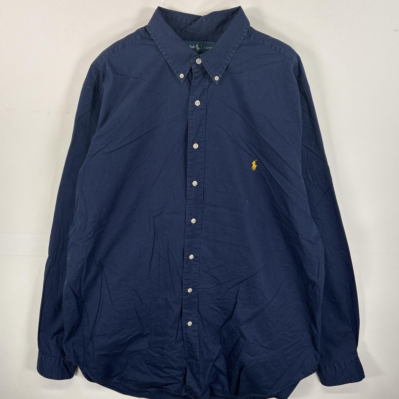 古着 長袖シャツ ボタンダウンシャツ ワンポイント ロゴ 刺繍 大きいサイズ XLT ネイビー 無地 メンズ