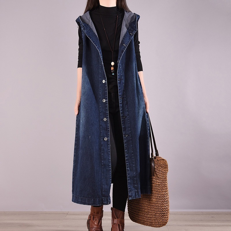 【韓国の人気爆発】無地 ポケット 付きフード付き デニム カーディガン