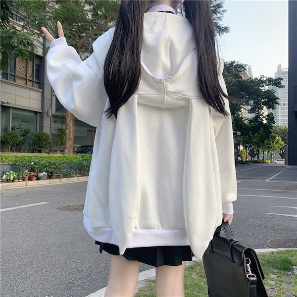 ダメージうさ耳パーカー(ホワイト) Amazon.co.jp: [ZXCVWWE] ジップアップ パーカー レディース