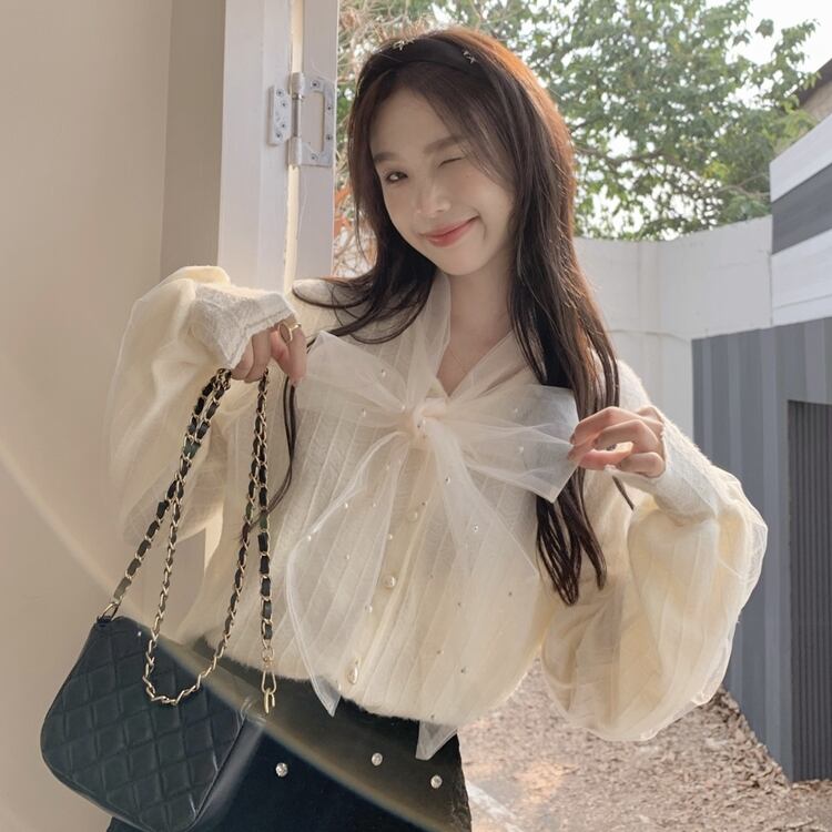 シアー リボン トップス シャツ ブラウス レディース 長袖 Vネック リボンタイ レース かわいい 大人可愛い きれいめ シンプル 上品 おしゃれ レトロ こなれ感 ガーリー ルーズ 個性的 存在感