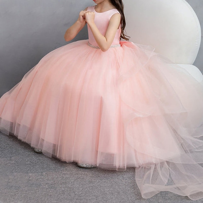 子供服女子ドレスリボンロングふわふわノースリーブピンク誕生日プリンセスドレスワンピース・ドレス