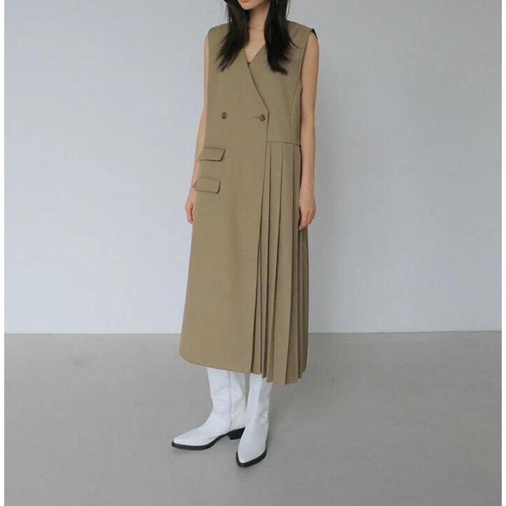 ジャンパースカート レディース ワンピース 春 夏 ロングワンピース プリーツワンピース 無地 ジャンスカ テーラード ノースリーブ レイヤード