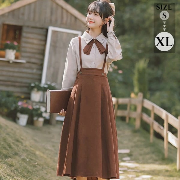 ラストチャンスブラウス スカート サロペットスカート ジャンスカ ミモレ丈 ミディアムAライン ワンピース 大きいサイズ クラロリ ゴスロリ 袖付き Lolita リボン クリスマス レディース コス