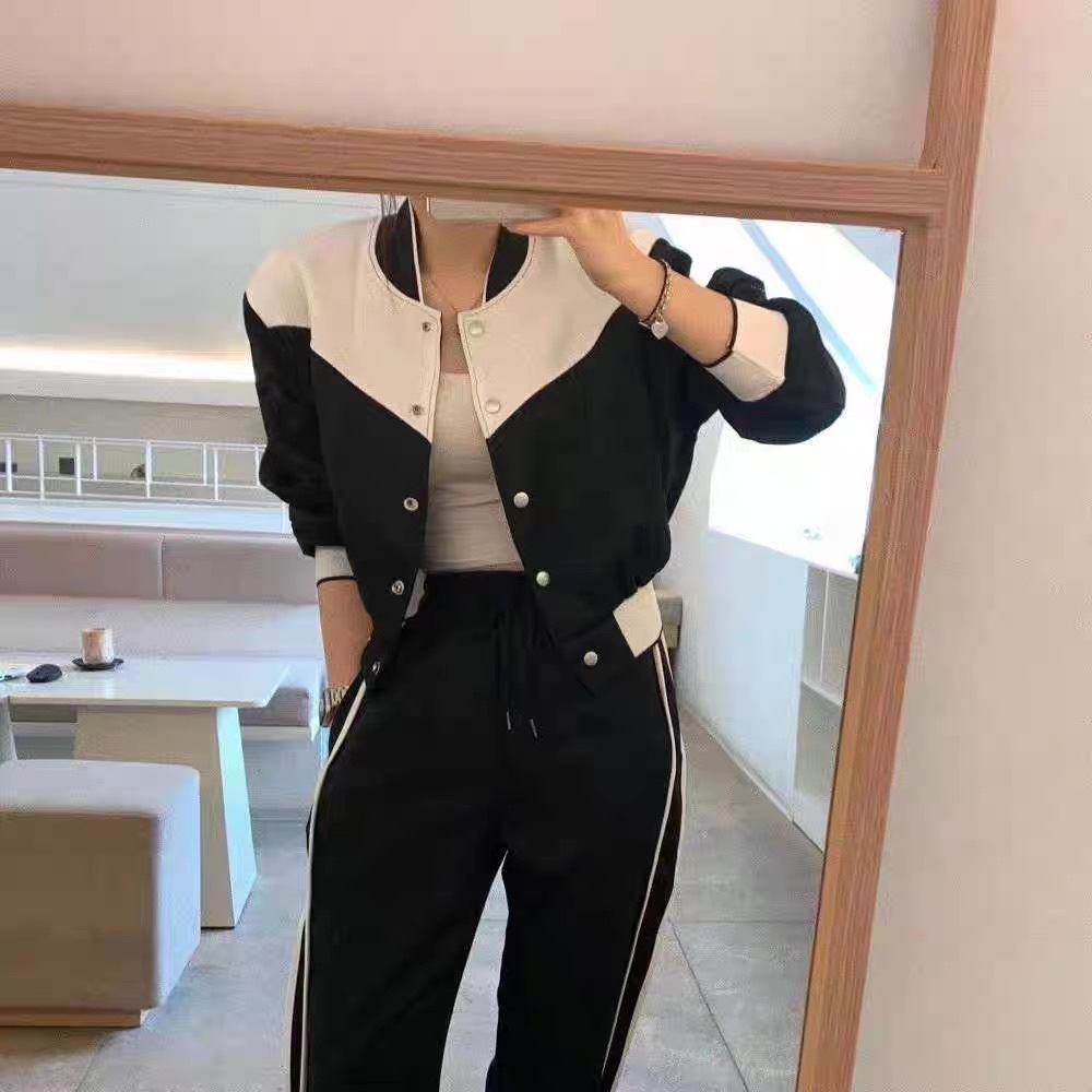 レディース スウェット セットアップ ストレートパンツ スウェットパンツ スタジャン フルレングス 長袖 フェミニン ストリート ウエストリボン ハイウエスト 前開き ウエストゴム バイカラー 配色