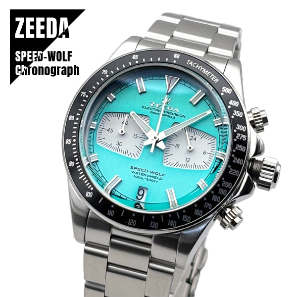 【即納】 ZEEDA SPEED-WOLF ジーダ スピードウルフ クロノグラフ TMI(SEIKO)ムーブ搭載 SPW-MBL ターコイズブルー×シルバー メンズ レディース