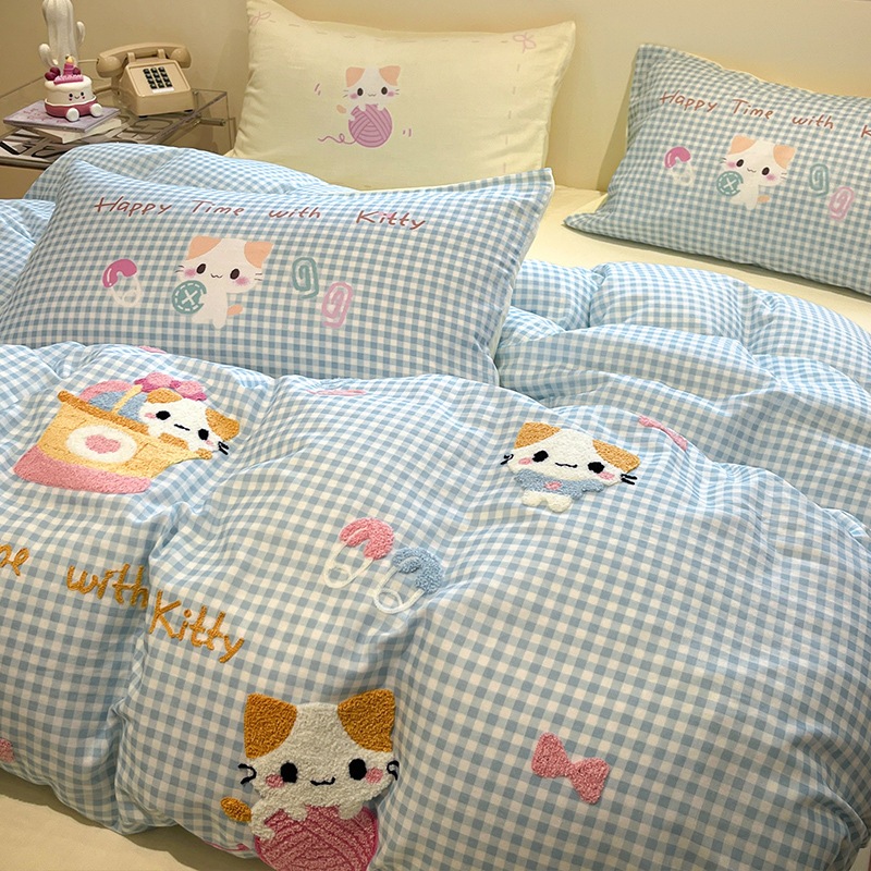 クラスaフルコットンダブルレイヤーベッド4ピースセットピュアコットン漫画タオル刺繍キルトカバーシート3ピースセット