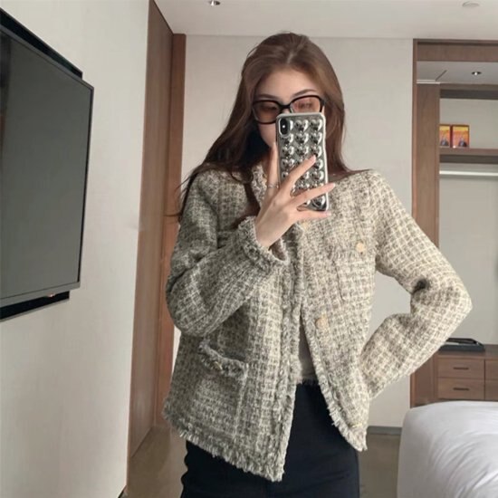 【取寄：納期2週間】ジャケット ツイード ノーカラー 大きいサイズ 春 秋 コート カジュアル エレガント