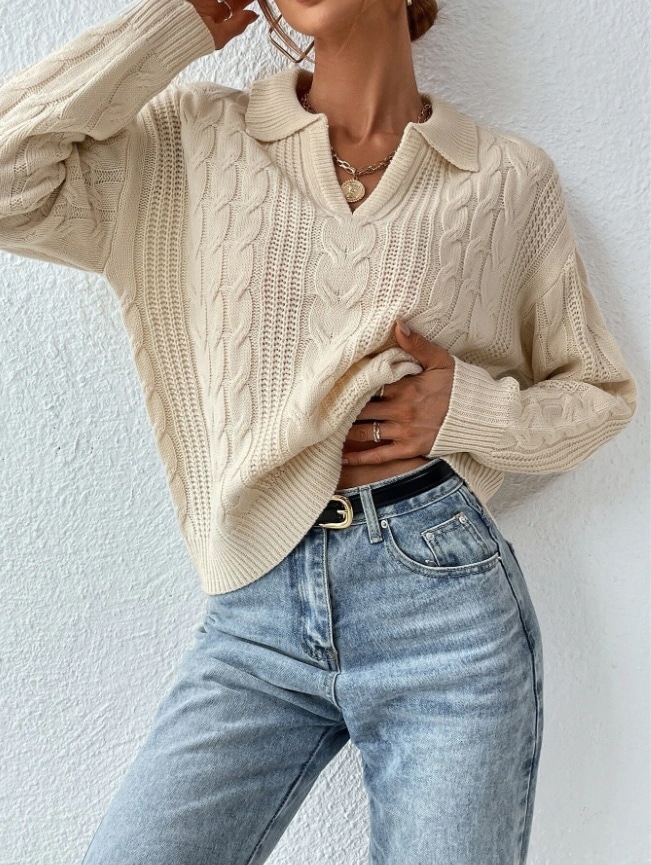 欧美跨境外贸女装POLO领毛衣女时尚百搭麻花螺纹针织衫纯色上衣女