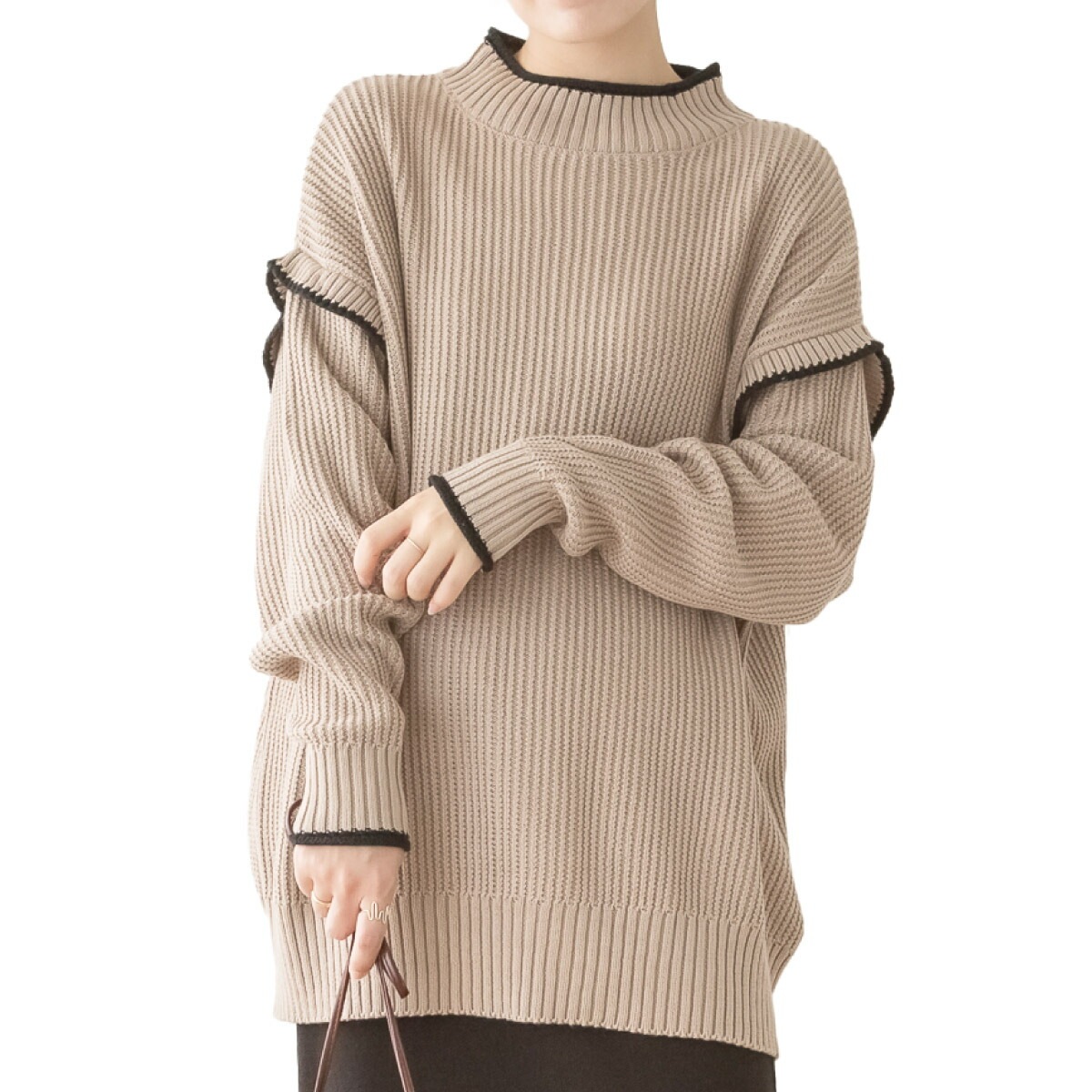 ニット セーター レディース ハイネック 長袖 トップス さりげないラインが決め手ハイネック配色ボリュームニット プルオーバー ゆったり 大きいサイズ M L LL 3L 4L 5L きれいめ カジ