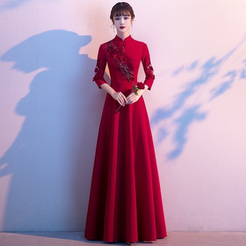 服花嫁チェンサム2025バーガンディスリムウェディングドレスドレス女性夏の長袖