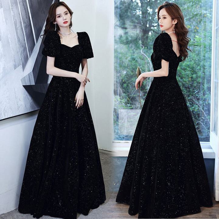 ブラックドレス パフスリーブ ロング イブニング ウェディングドレス スパンコール 結婚式ドレス 花嫁 ロング丈 袖あり 5分袖 半袖 Vネック スレンダー スレンダー フレア セミフレア レース シ