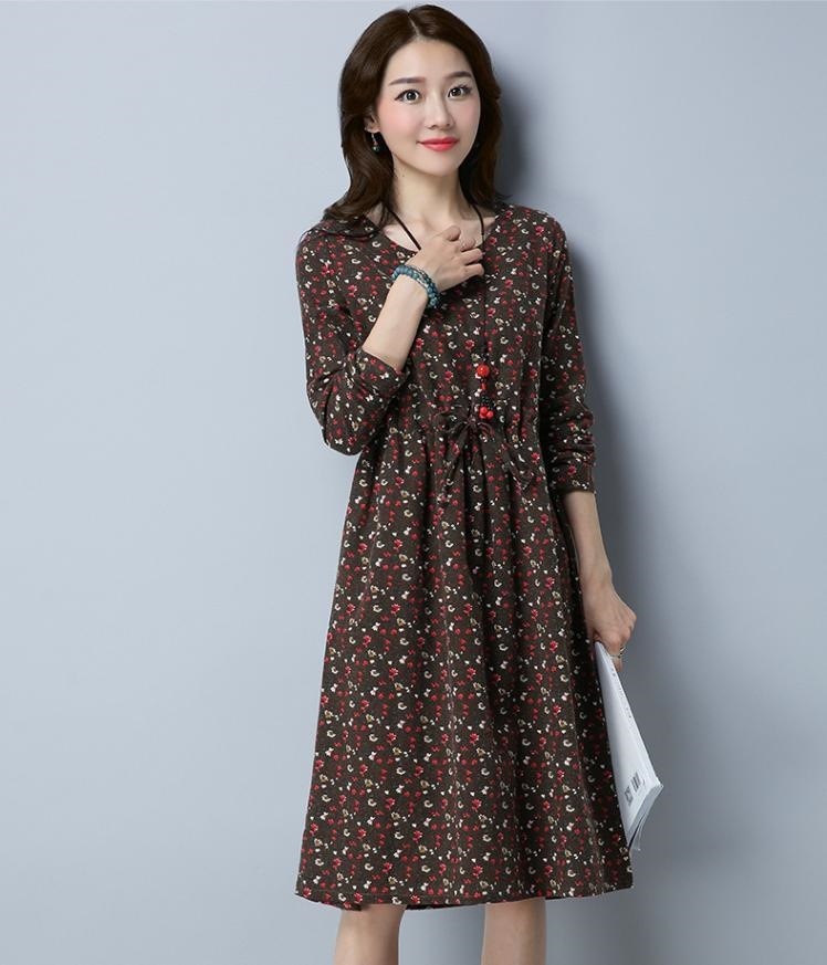 1243.　花柄レトロリネンワンピース（ブラウン）