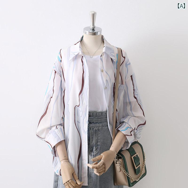 レディース シャツ ブラウス 長袖 春夏秋 アウターシャツ ルーズな縦ストライプ柄 白に茶灰薄青グラフィック ヴィンテージ感 カーディガンスタイル シングルブレスト レトロ カジュアル