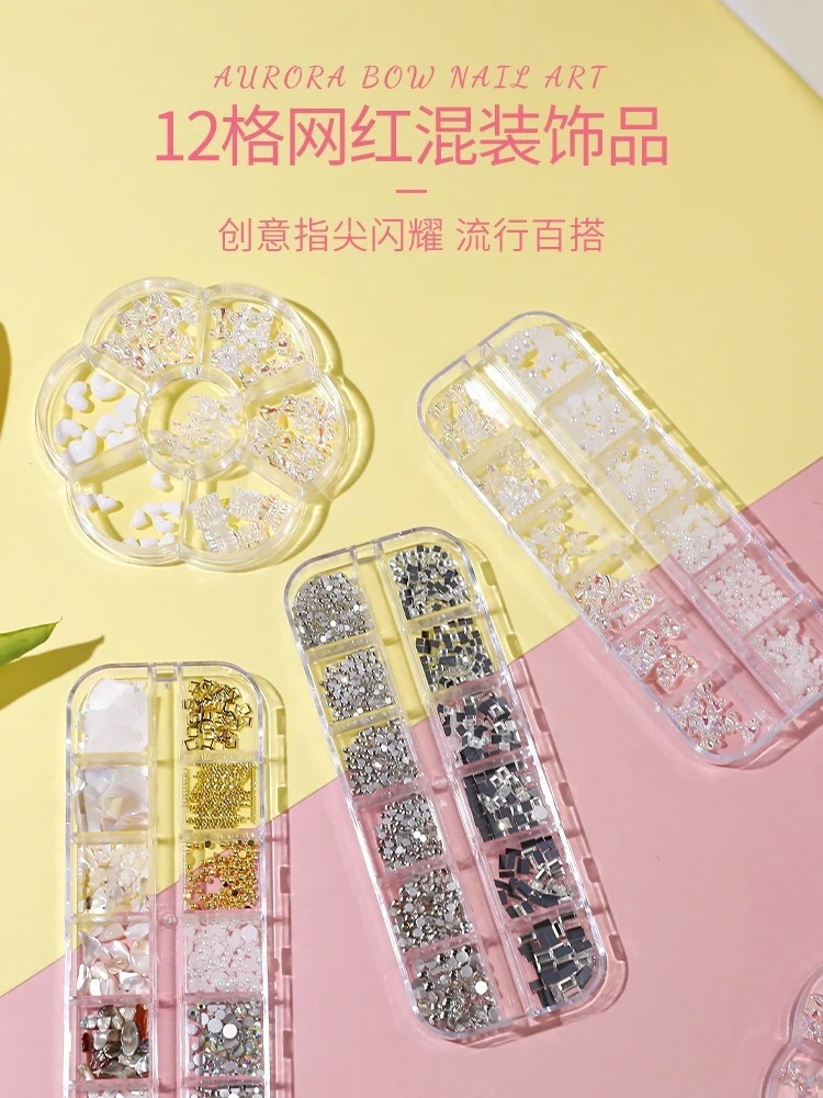 2025新しいネットレッドエクスプローシブフラットボトムオーロラパールボウネイルアートアクセサリーネイルデコレーションミックスラインストーン