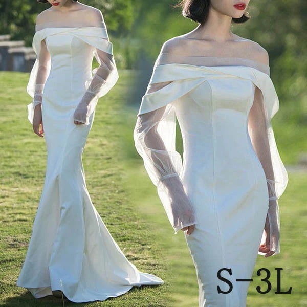 ウェディングドレス 花嫁 編み上げタイプ 長袖 肩出し マーメイドライン 白ドレス ワンピース 結婚式 二次会 披露宴 前撮り 後撮り 撮影用 ビーチフォト フォトウェディング ロング トレーンドレス