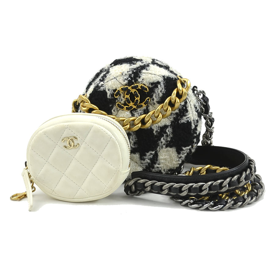 斜め掛けショルダーバッグ ココマーク ツイード/レザー/メタル ホワイト/ブラック/ゴールド/シルバー レディース e57437a