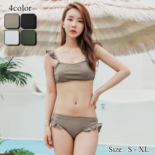 【グラシア】 水着 ビキニ レディース ビーチウェア スイムウェア 流行 海 プール フリル リボン 可愛い ビキニ 華やか 女子力 バックスタイル ブラック ホワイト カーキ グリーン S M L