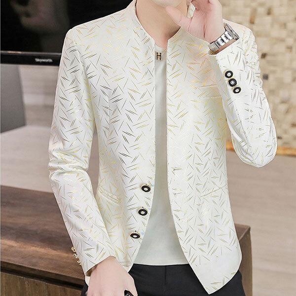 幾何学柄 ノーカラージャケット メンズ スーツ ブレザー ジャケット コート 薄手 アウター サマージャケット 紳士服 春夏 秋 フォーマル