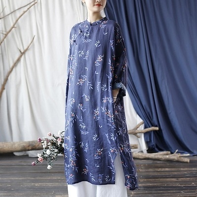 オリジナル夏レトロゆったりスタンドカラー旧ワンピースラミー麻デジタルプリント改良チャイナドレス