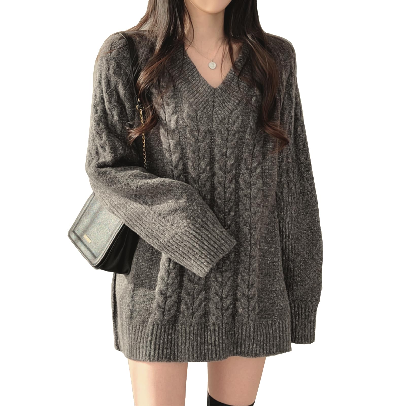 [OGCPWYQZ] セーター レディース Vネック ニット トップス ゆったり ロング 大きめ オーバーサイズ ケーブル編み プルオーバー 柔らかい あたたかい おしゃれ カジュアル通勤 上品 無地