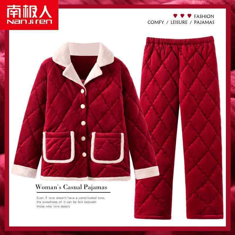 秋 冬 パジャマ ナイトウェア 赤 女性 三層 厚手 サンゴ フリース 裏起毛 暖かい フランネル ホーム 服
