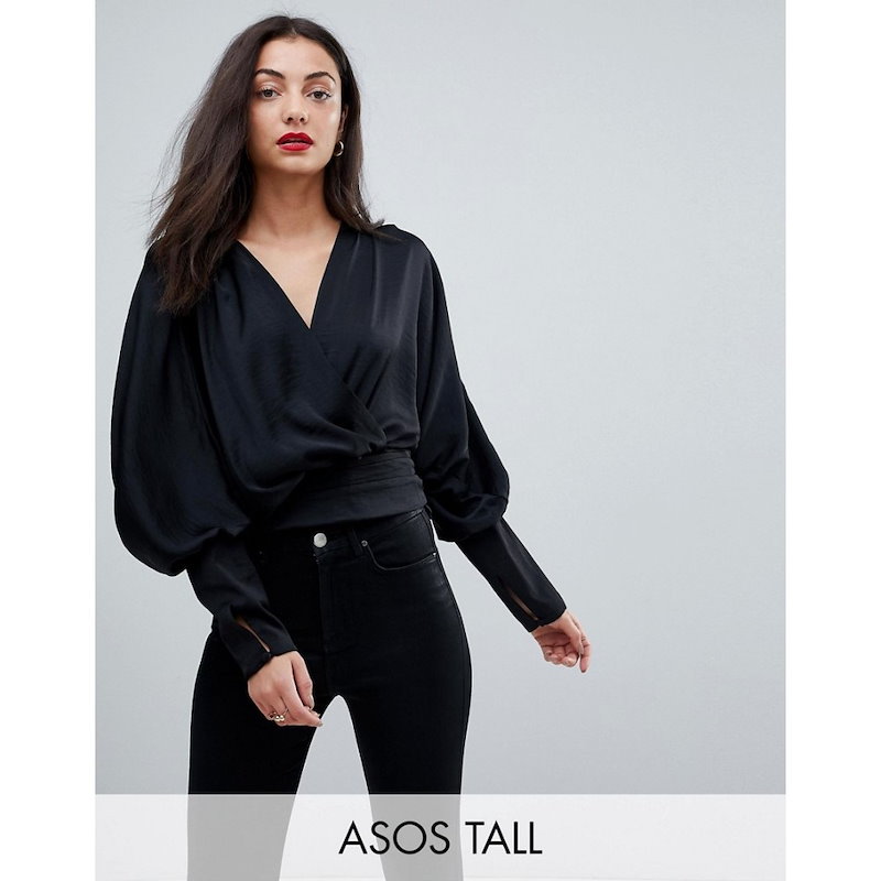 エイソス レディース トップス【ASOS TALL Satin Batwing Wrap Top】Black エイソス レディース トップス【ASOS TALL Satin Batwing Wrap Top】Black
