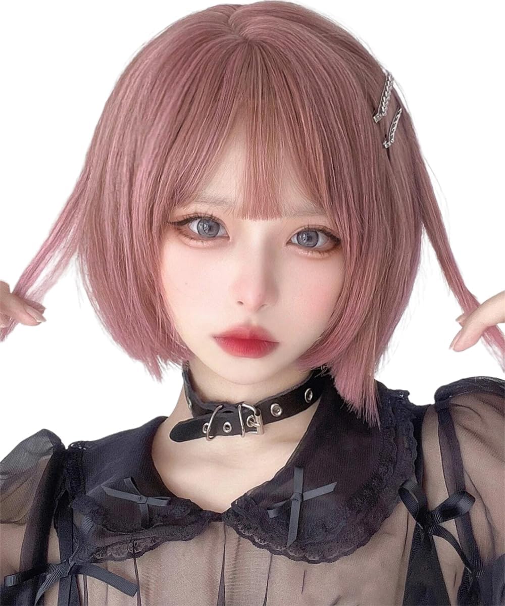 ショートボブウィッグ ストレート 前髪付き 耐熱 ピンク