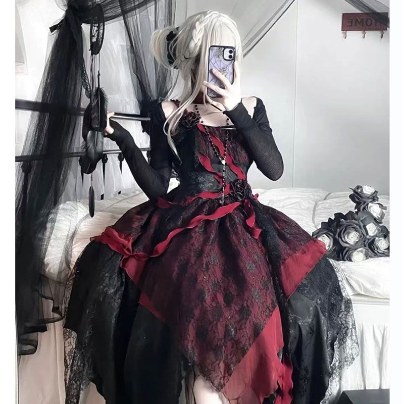 [3日で出荷]不規則なつなぎ合わせスカート優雅なバラのロングスカートのドレスlolitaストラップワンピース