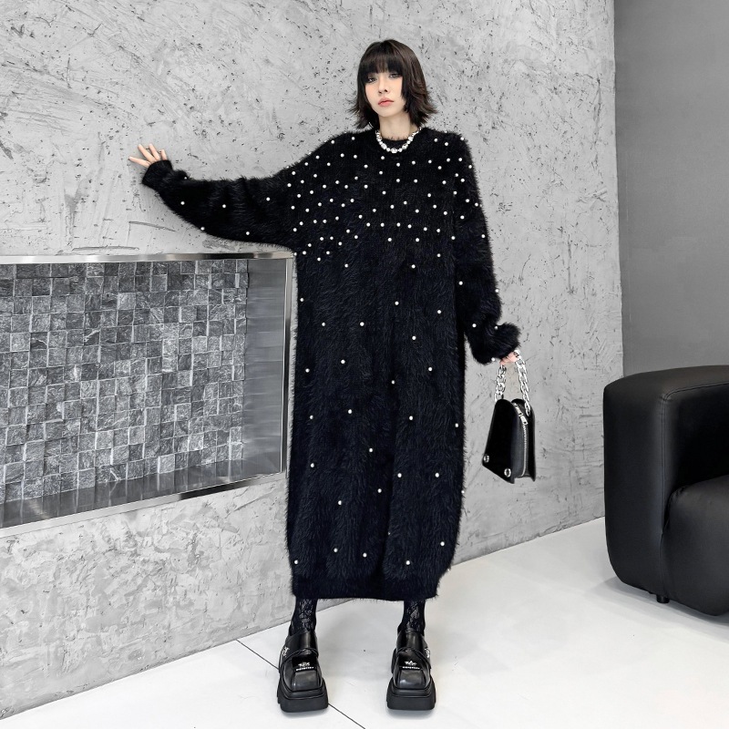 2025春 ニットワンピース ピーズ飾り 真珠 おしゃれ レディース ロングワンピース 関連商品購入可能