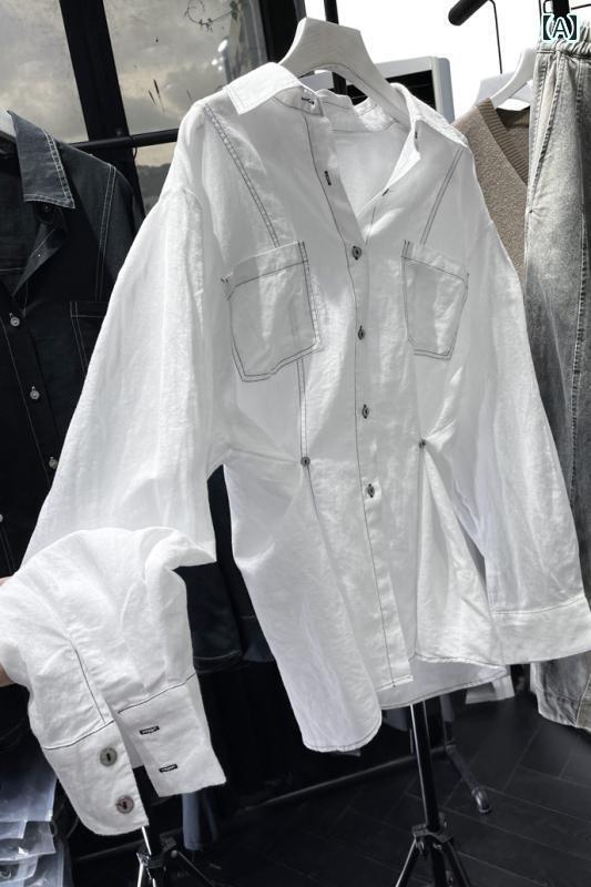 レディース　　シャツ　トップス 自己 保持 ファッション パッチワークシャツ スリム ウエスト リネンシャツ 女性用