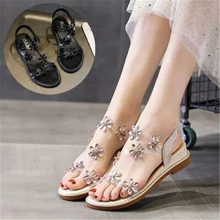 サンダル レディース 靴 シューズ フラット パンプス 夏 ミュール 花 ビジュー 可愛い おしゃれ ぺたんこ シンプル 美脚 ローヒール 旅行 春夏 秋 エレガント 涼しい ブラック 黒 ホワイト