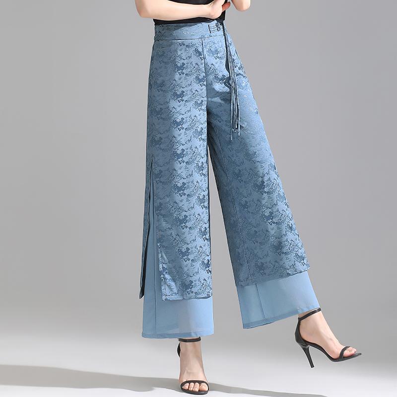 レディース ファッション おしゃれ 上品 シンプル チャイナ風 ワイドレッグ パンツ 夏 薄手 涼しい 涼しい ハイウエスト スリム ジャカード ひんやり 涼しい 快適 パンツ スリット ストレート