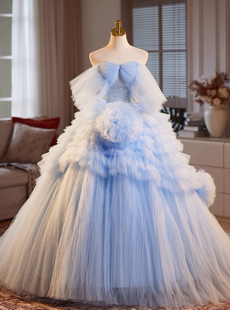 カラードレス ブルー ベアトップ ドロップショルダー もこもこドレス キラキラスパンコール 前撮り