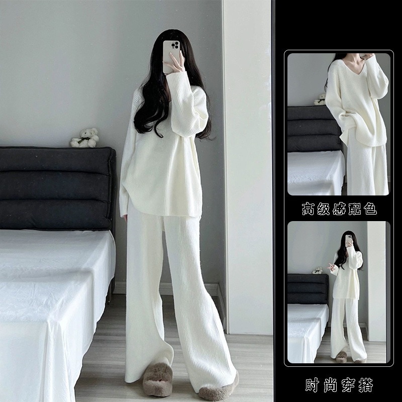 ハイエンドのカスタマイズ-韓国カジュアル怠惰なスタイルスーツ女性のための 2025 新しいルーズ V ネックニットトップドレープワイドレッグパンツ 2 点セット