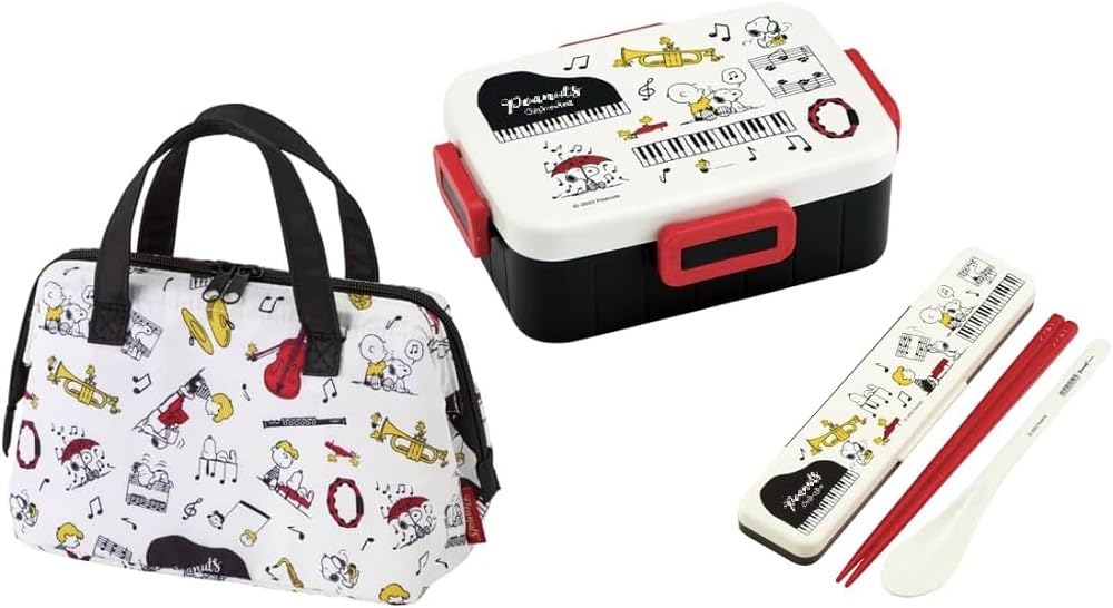 スケーター(Skater) PEANUTS オーケストラ 抗菌 4点ロック 1段 お弁当箱 650ml コンビセット (お箸/スプーン) 保冷ランチバッグ がま口 ピーナッツ キャラクター 食洗機対応