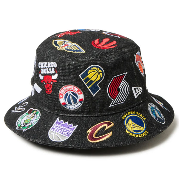 返品交換不可 在庫一掃セール ニューエラ NEW ERA バケット01 Team Logo Allover NBA ブラック デニム 14388539 ハット 帽子