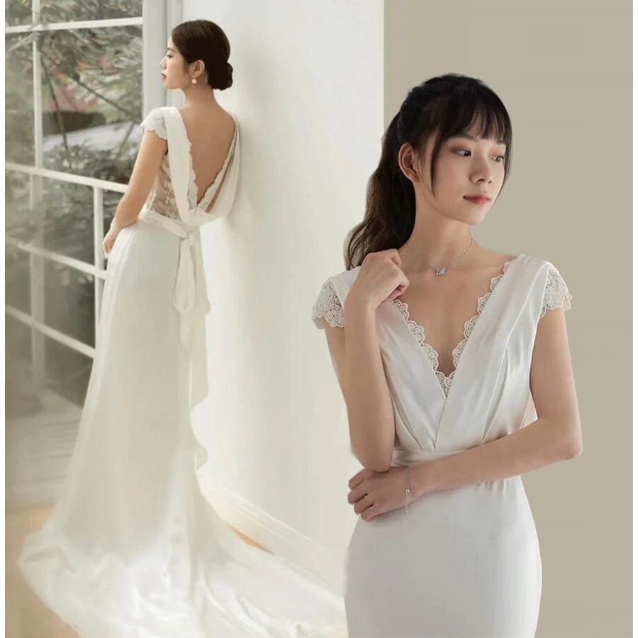 ウエディングドレス ロングトレーン ウェディングドレス フォマール ドレス Vネック 美シルエット 背中 リボン エレガント サテン シンプル レース 森系30%までに制限