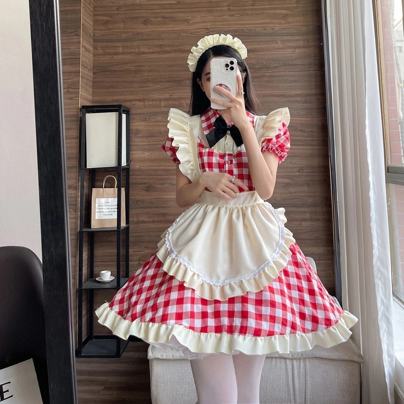 かわいいロリータメイド服セクシーコスプレメイド制服ワンピース黒赤グリッドプラスサイズ
