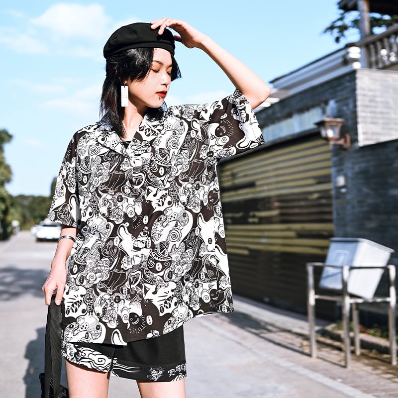 チャイナ風シャツ 夏 ブラウス 半袖 レディース 百鬼プリント レトロ 和風トップス ボーイフレンド