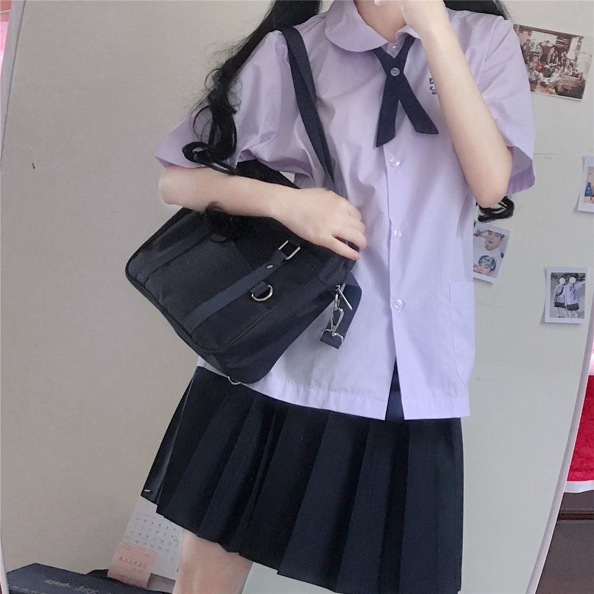 【1つ買うと10つ無料】大学スタイルの学校のユニフォームjkライラックショートスリーブの学生シャツ初代愛好的な丸いネックドールカラーガール