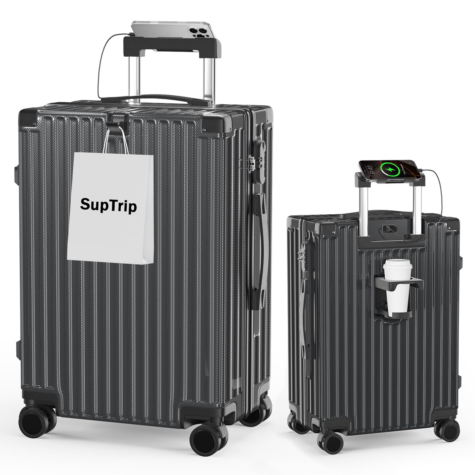 [SupTrip] スーツケース 機内持ち込み 超軽量 キャリーケース 多機能 キャリーバッグ USBポート付き カップホルダー付き 隠しフック機能 USB+Type C充電機能 大型 静音 ダブルキ