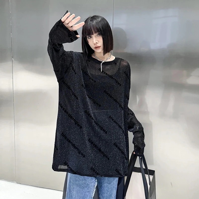 スカート 春 新作 文字 体型カバー メッシュ Tシャツ ゆったり ミドル丈 薄手 ワンピース Tシャツ カットソー