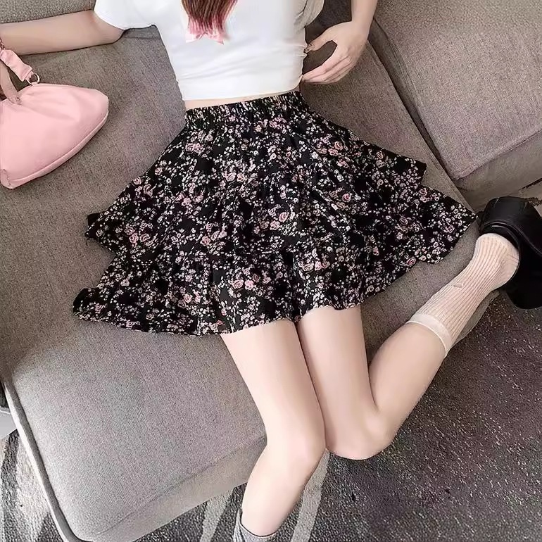 【1つ買うと10つ無料】ハイウエストプリーツレイヤードケーキの女性のための花の芽のスカート夏の腰のための縁の傘のショートスカート