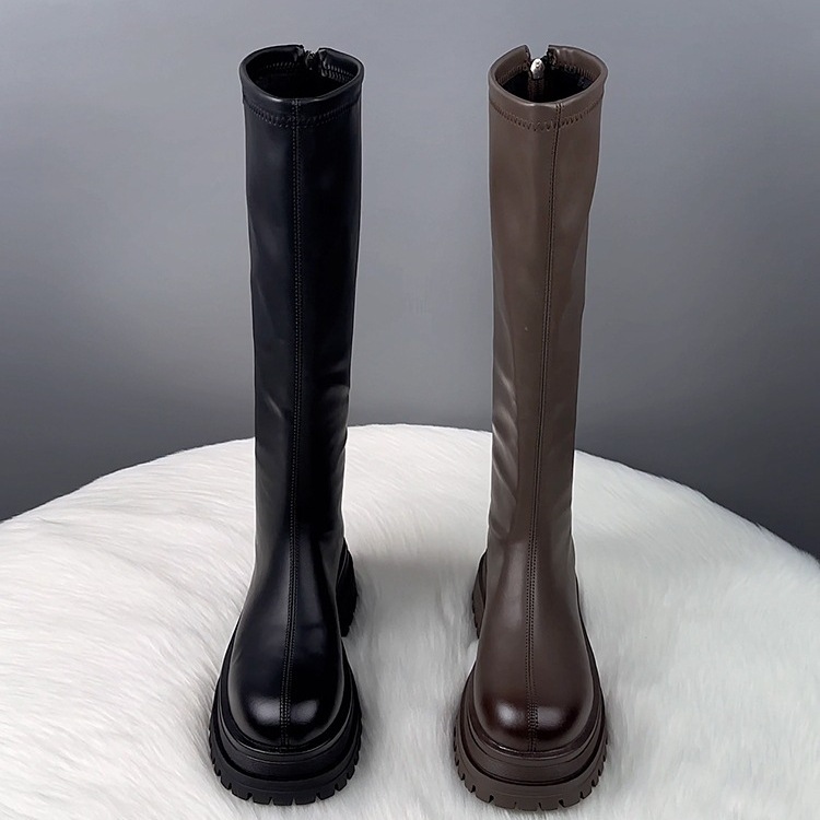 本革のプラットフォームオーバーニーブーツ新しい秋冬スタイル小柄な女性のためのスリムなハイトップ乗馬ブーツ