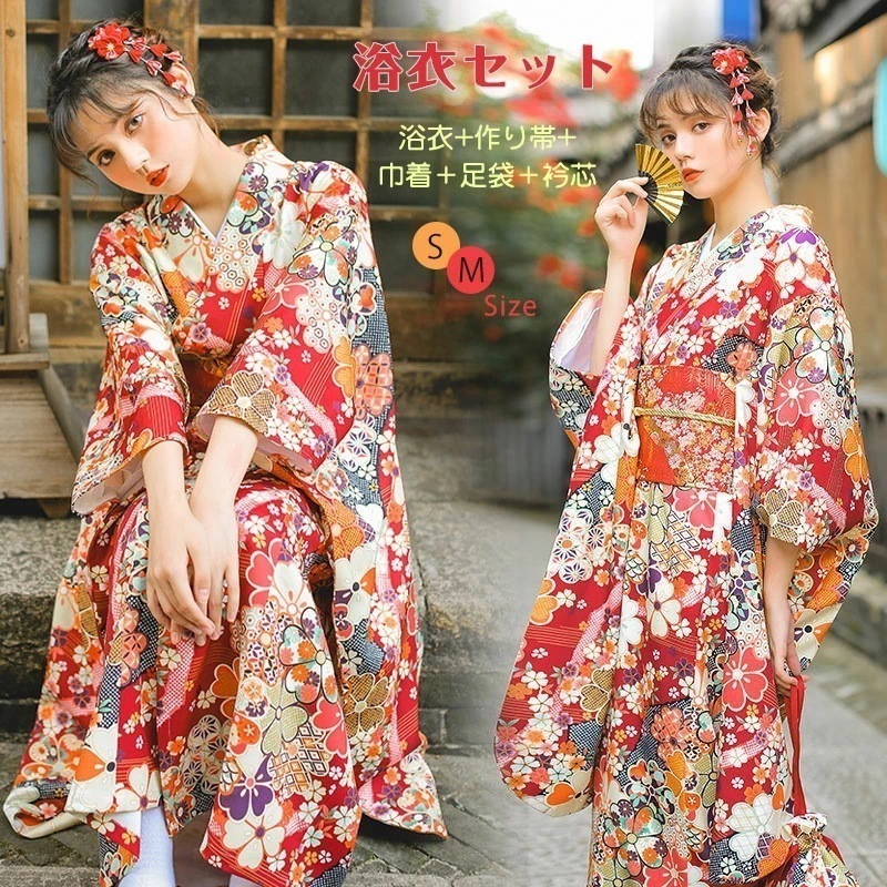 浴衣 浴衣+作り帯+巾着＋足袋＋衿芯 5点セット 浴衣セット レディース 作り帯 大人 夏祭り 赤 オレンジ 桜菊 花柄 お出かけ 花火大会 盆踊り 文化祭 夏 女性 女性浴衣 女性用 ゆかた 可愛い