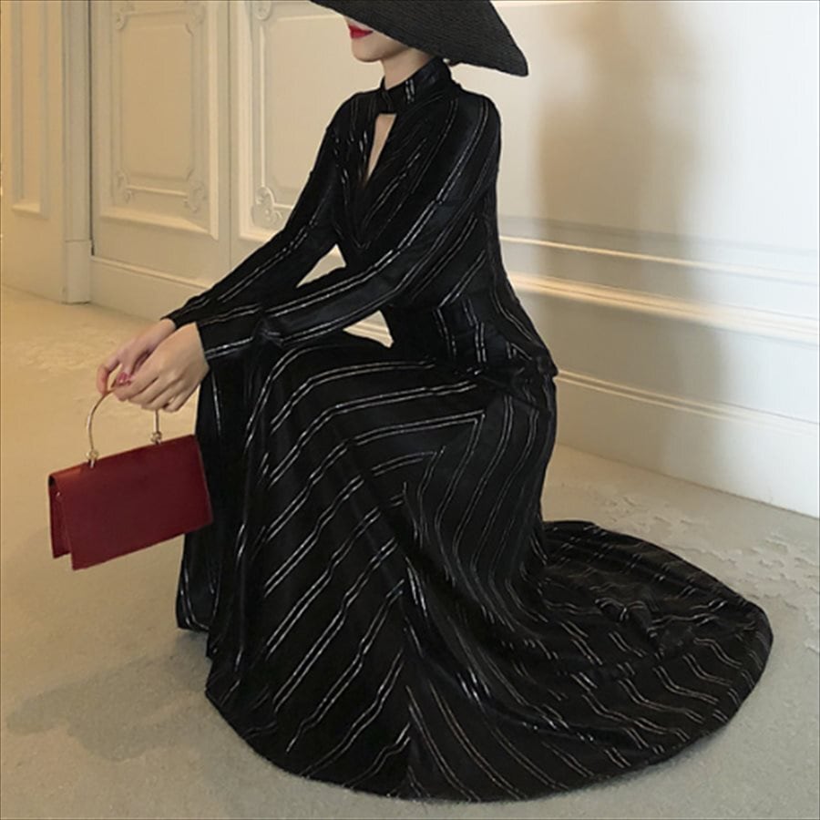 ロングドレス ドレス dress 衣装 ワンピース パーティードレス パーティドレス 袖あり 長袖 Vネック Aライン フレア 大人可愛い きれいめ シンプル カジュアル シック