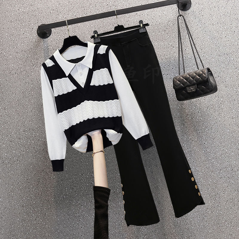 ハイエンドのカスタマイズ-プラスサイズの女性の春 2025 新しいスタイル脂肪姉妹外国のファッション偽ツーピースニットシャツ気質スリムスーツパンツ