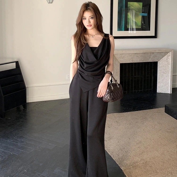 2025新作 シンプル 気質 キャミソール ワイドパンツ 二点セット 韓国ファッション 大きいサイズレディース 二点セットアップワイドパンツ