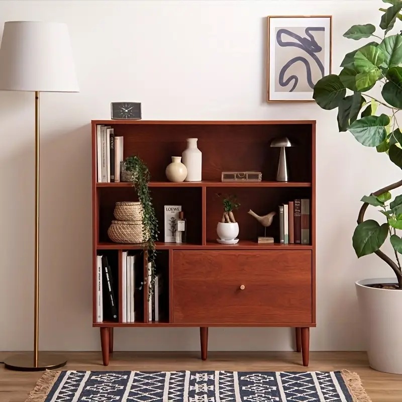 Lykke（Rueger）インスパイアドプルアウトブックシェルフ - 人工木製フリースタンディング棚3段デザインモダンノルディックスタイルのリビングルームベッドルームオフィス用 - 簡単