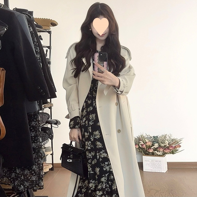 2025 春と秋の新スタイルウインドブレーカージャケットベージュハイエンドミッドレングス小型ファッショナブルなルーズ気質コート